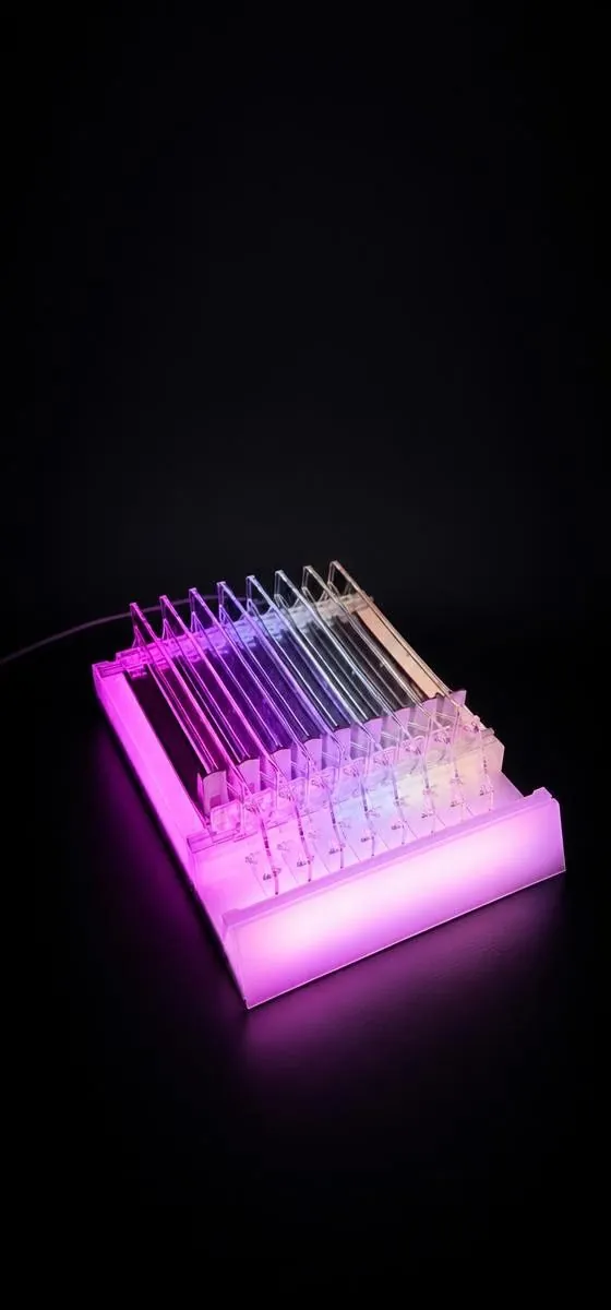 Kleine beleuchtete Glorifier-Schale, die pink und weiß leuchtet und eine Reihe transparenter Stäbe auf dunklem Untergrund hält.