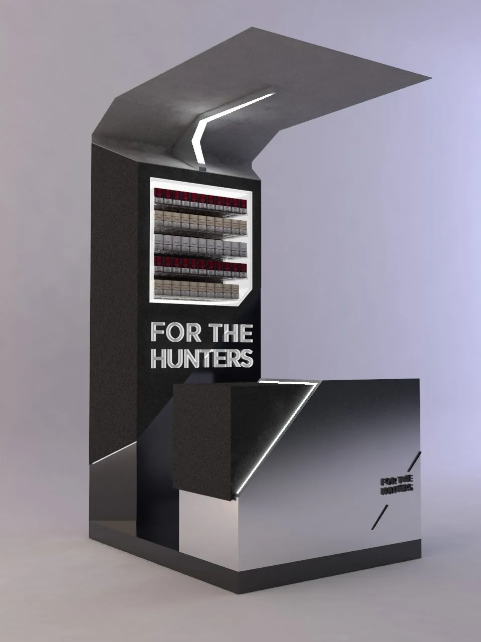 Design engineering render of a freestanding tobacco display unit.