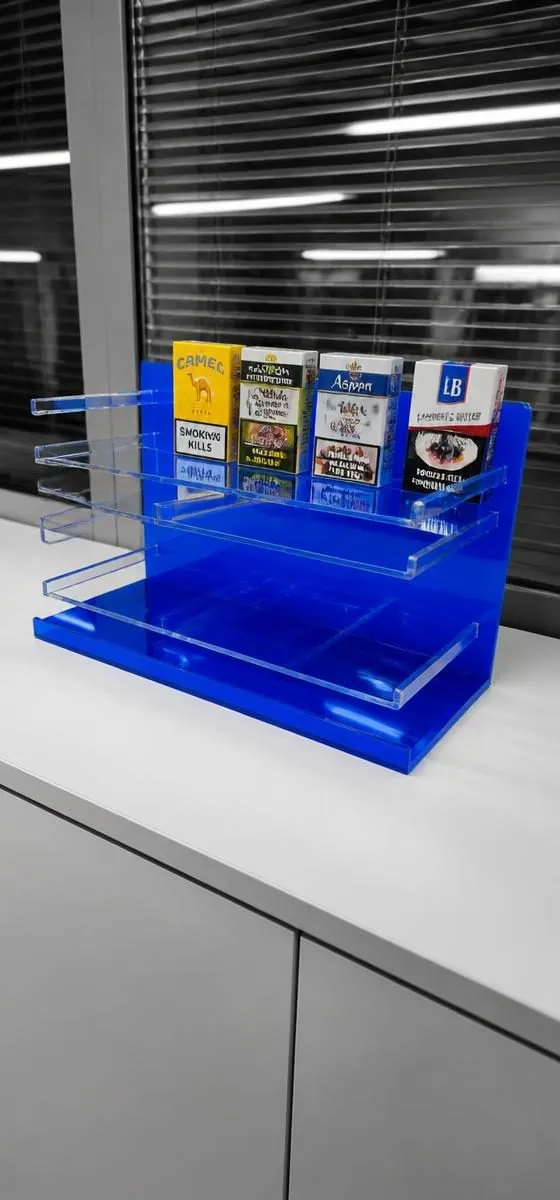 Small blue acrylic counter display with a printed header panel, holding packs on a shallow tray in a store aisle.
