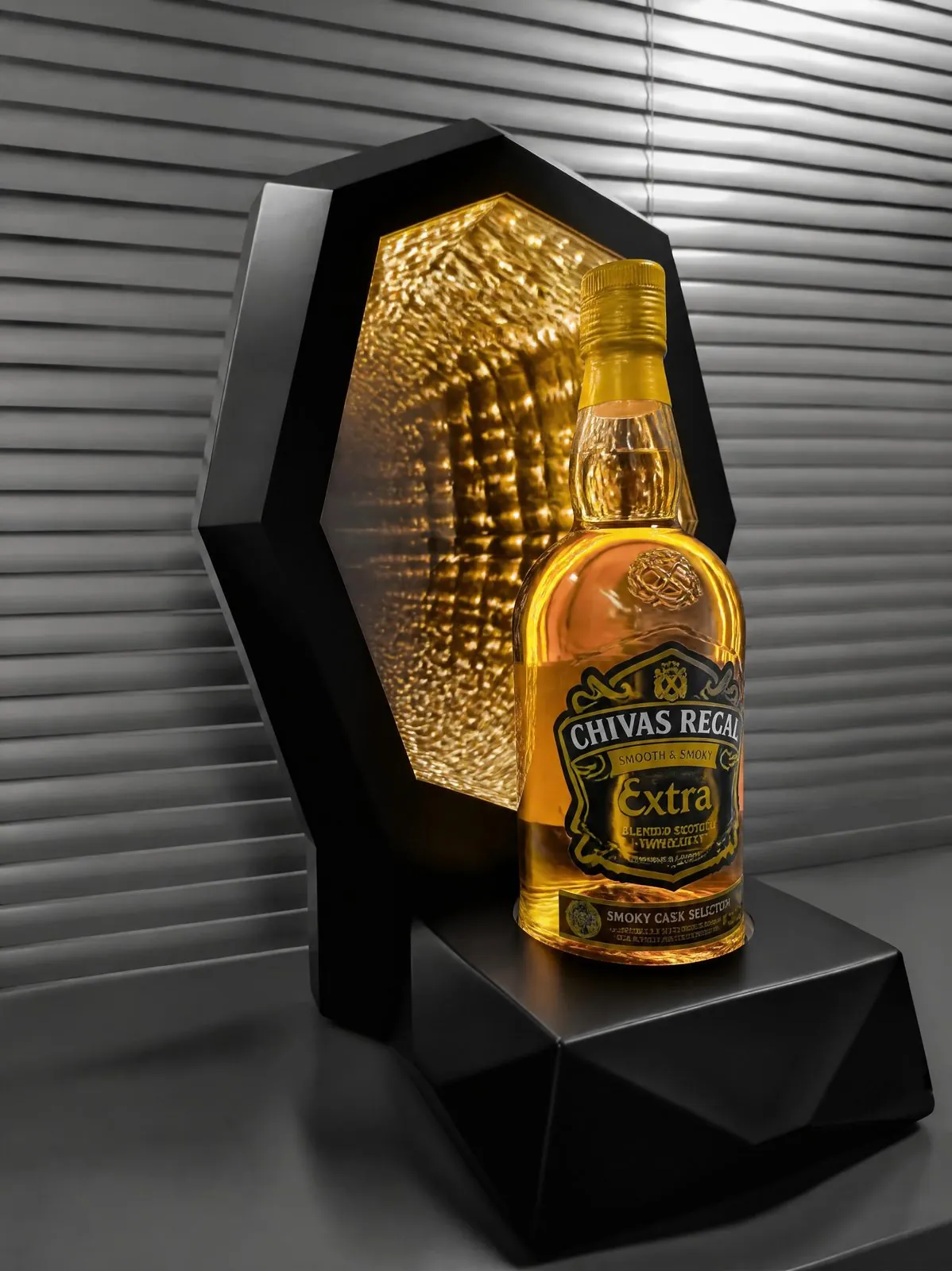 Sechseckiger Glorifier in Schwarz und Gold mit perforiertem, hinterleuchtetem Panel, der eine einzelne Whiskyflasche präsentiert.