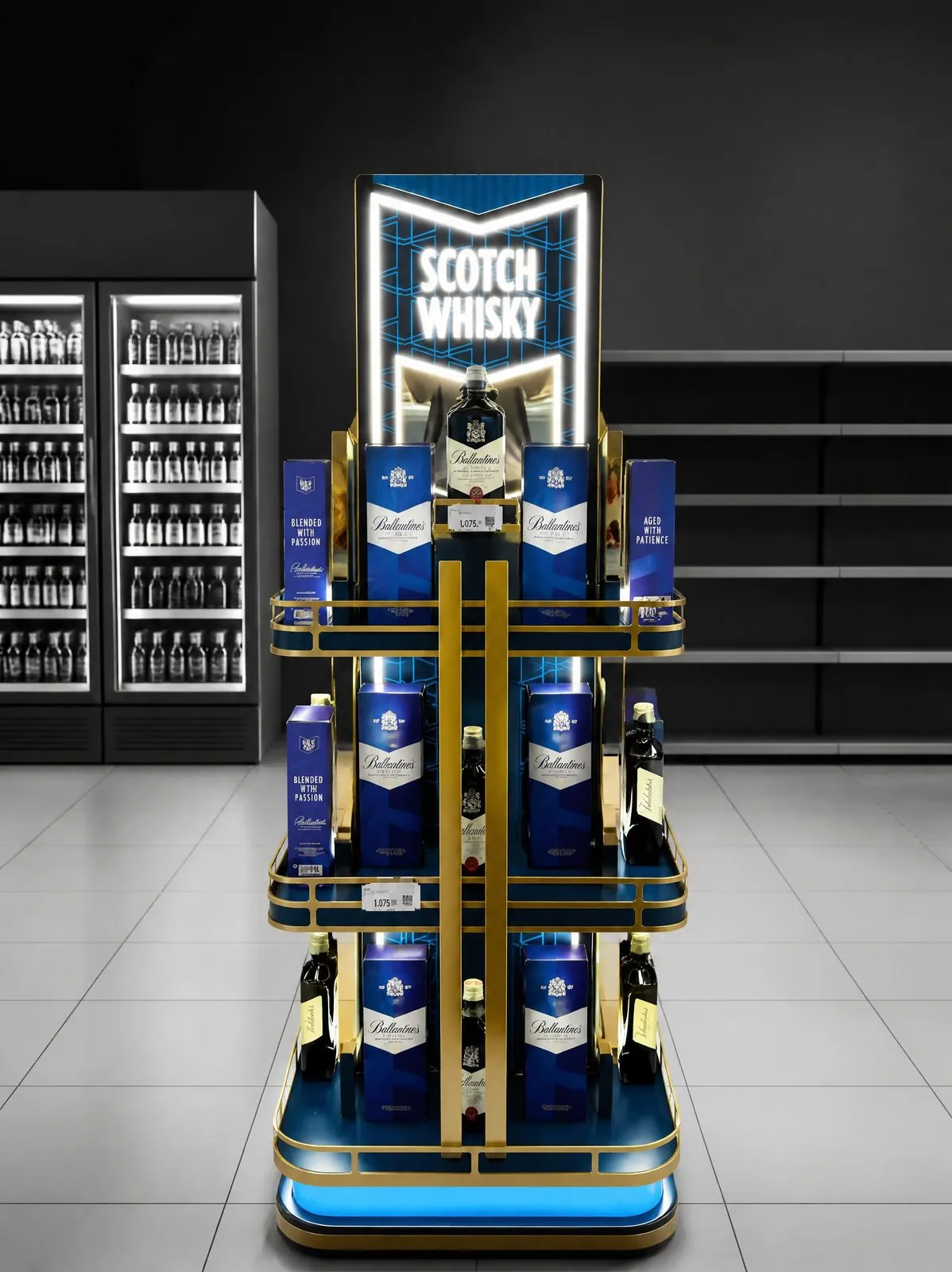 Blue multi-tier floor stand with a lit brand header, holding bottles on four levels in a spirits aisle.