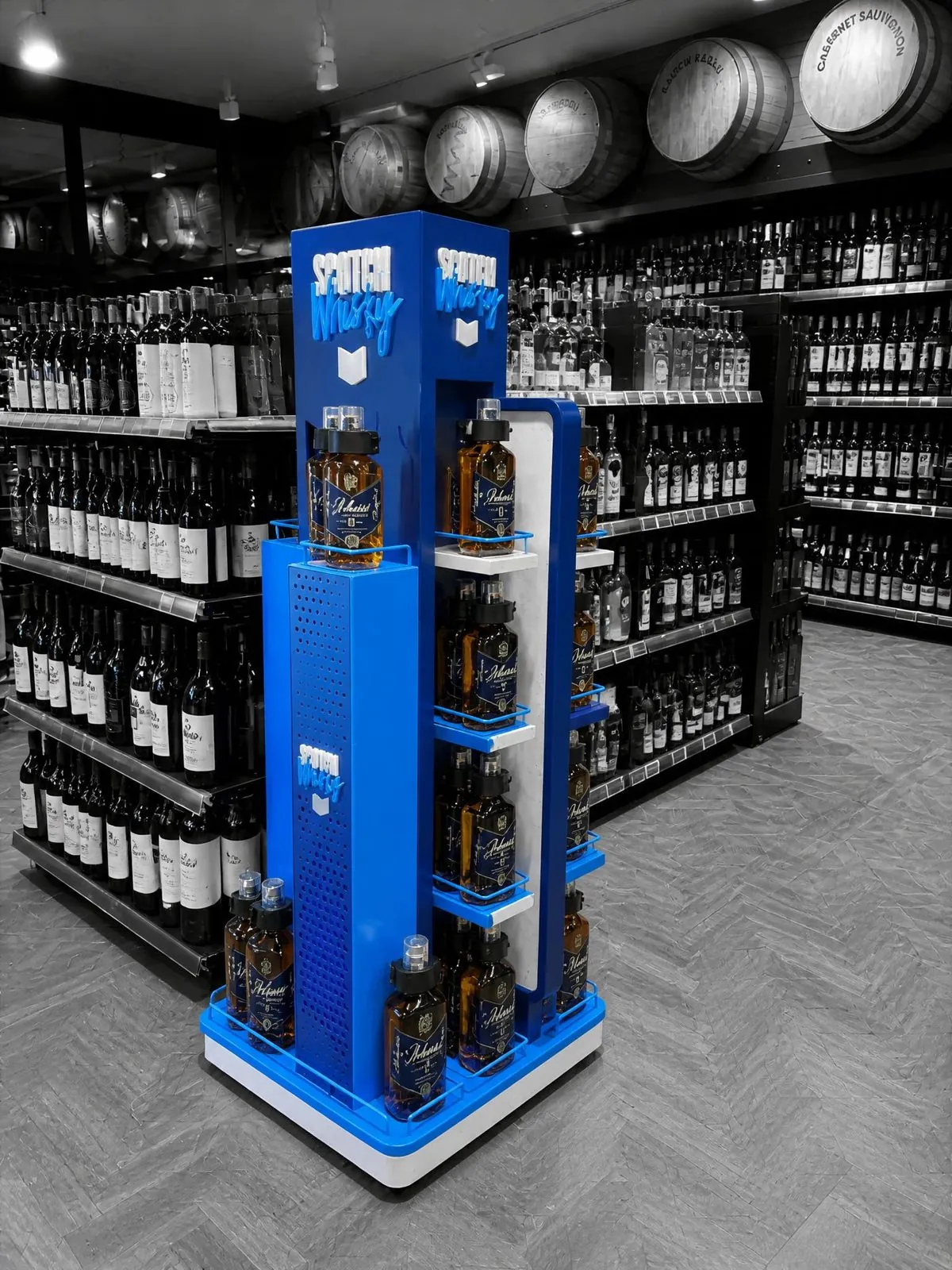 Tall blue four-sided tower display stocked with whisky bottles, photographed in a supermarket spirits aisle.