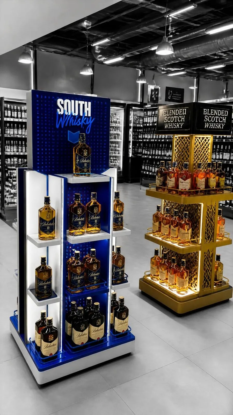 Two tiered stands side by side in a store: a blue unit with a lit header and a gold unit, both stocked with spirits.