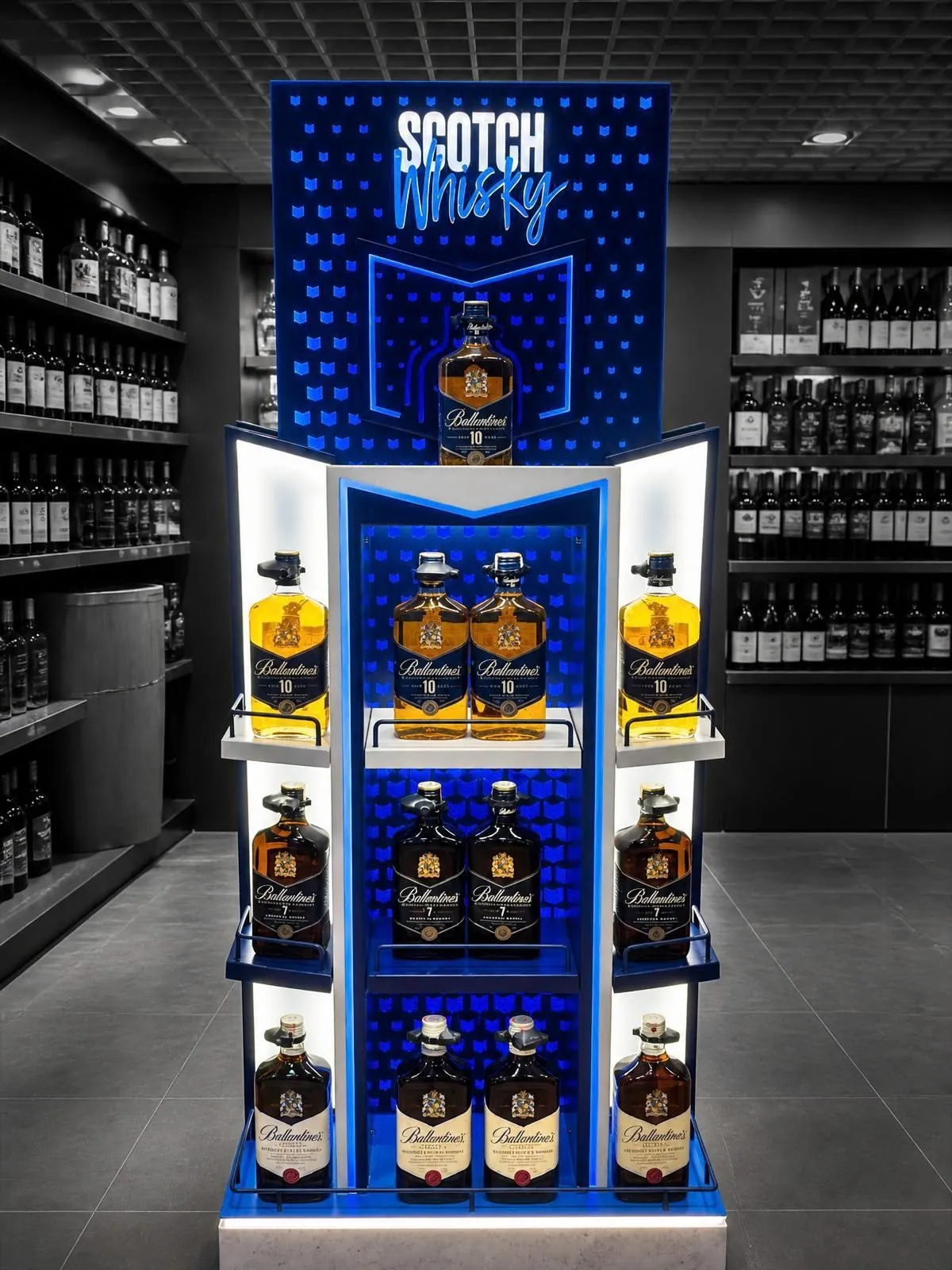 Blue gondola end with a patterned backwall and a lit brand header, holding bottles across five shelves.