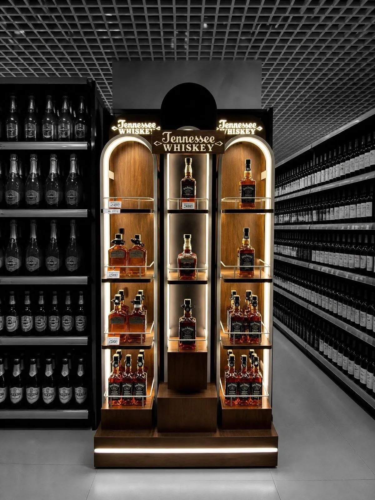 Wooden arch-topped display with lit shelves of whisky, standing against a black shelving wall.