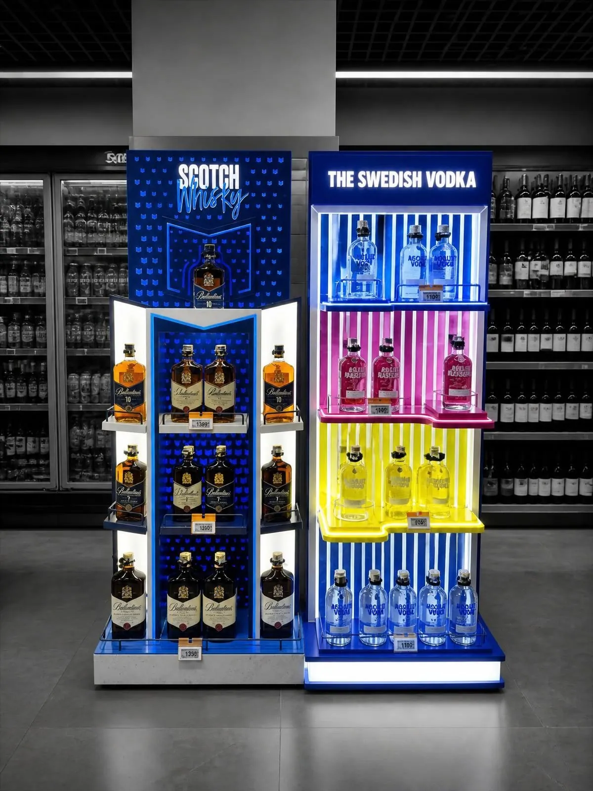 Two adjacent gondola ends: a blue whisky unit and a pink and yellow vodka unit.