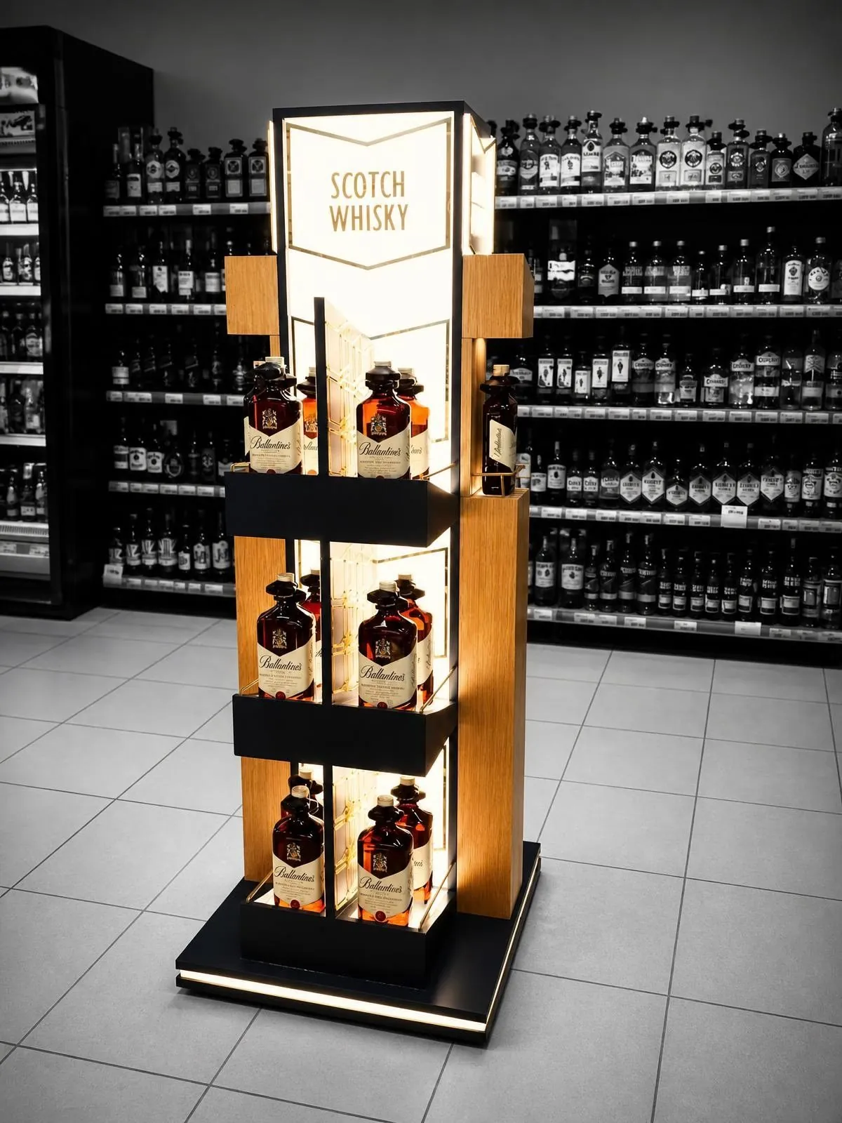 Four-sided wooden tower with a white brand header and open shelves of bottles on a black base.