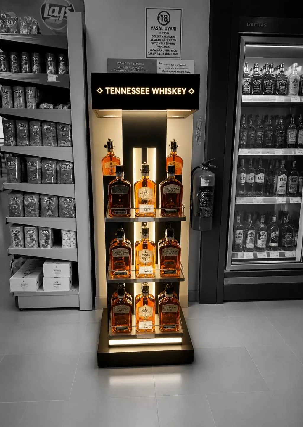 Tall wood and brass wall unit with lit arched bays of whisky, built in next to a refrigerated cabinet.