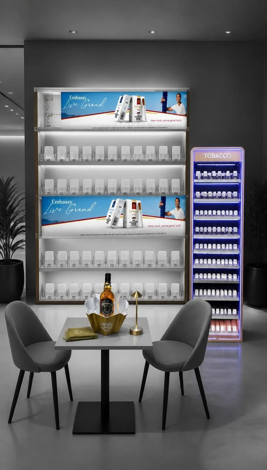 Illuminated tobacco and spirits counter with backlit product walls, a small table and two chairs in front.