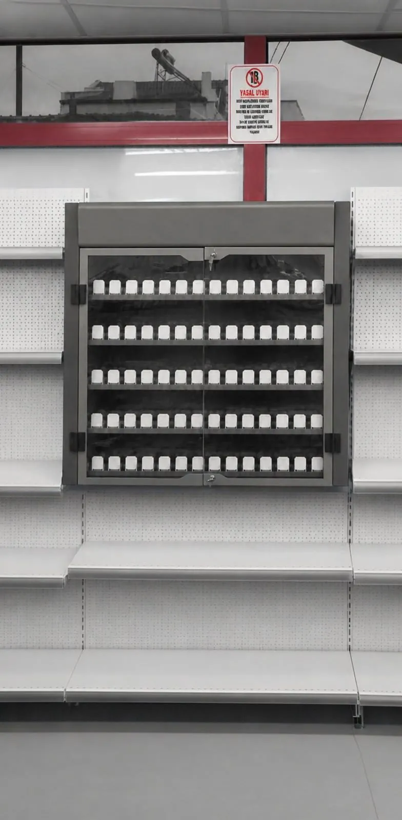 Grey cigarette gantry with rows of pusher channels, built into a shop wall and photographed before stocking.