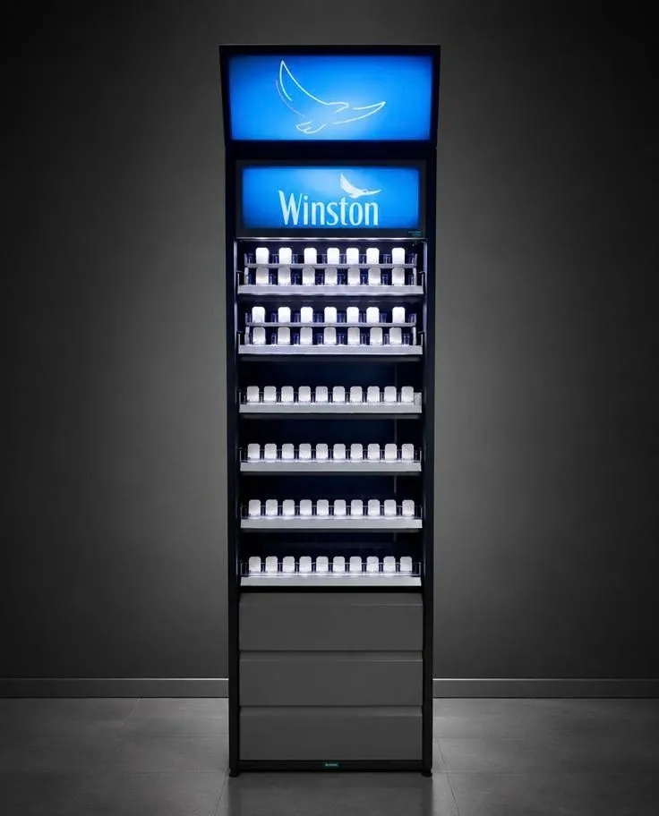 Slim black cigarette display with a blue lit brand header and white pusher shelves in a dark interior.