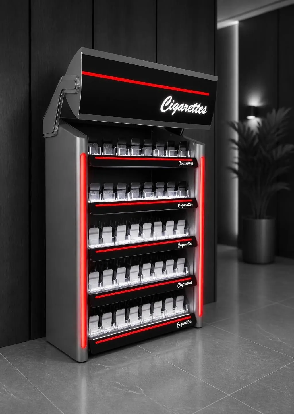 Red and black counter unit with a lit "Cigarettes" header and angled pusher shelves, installed in a store.