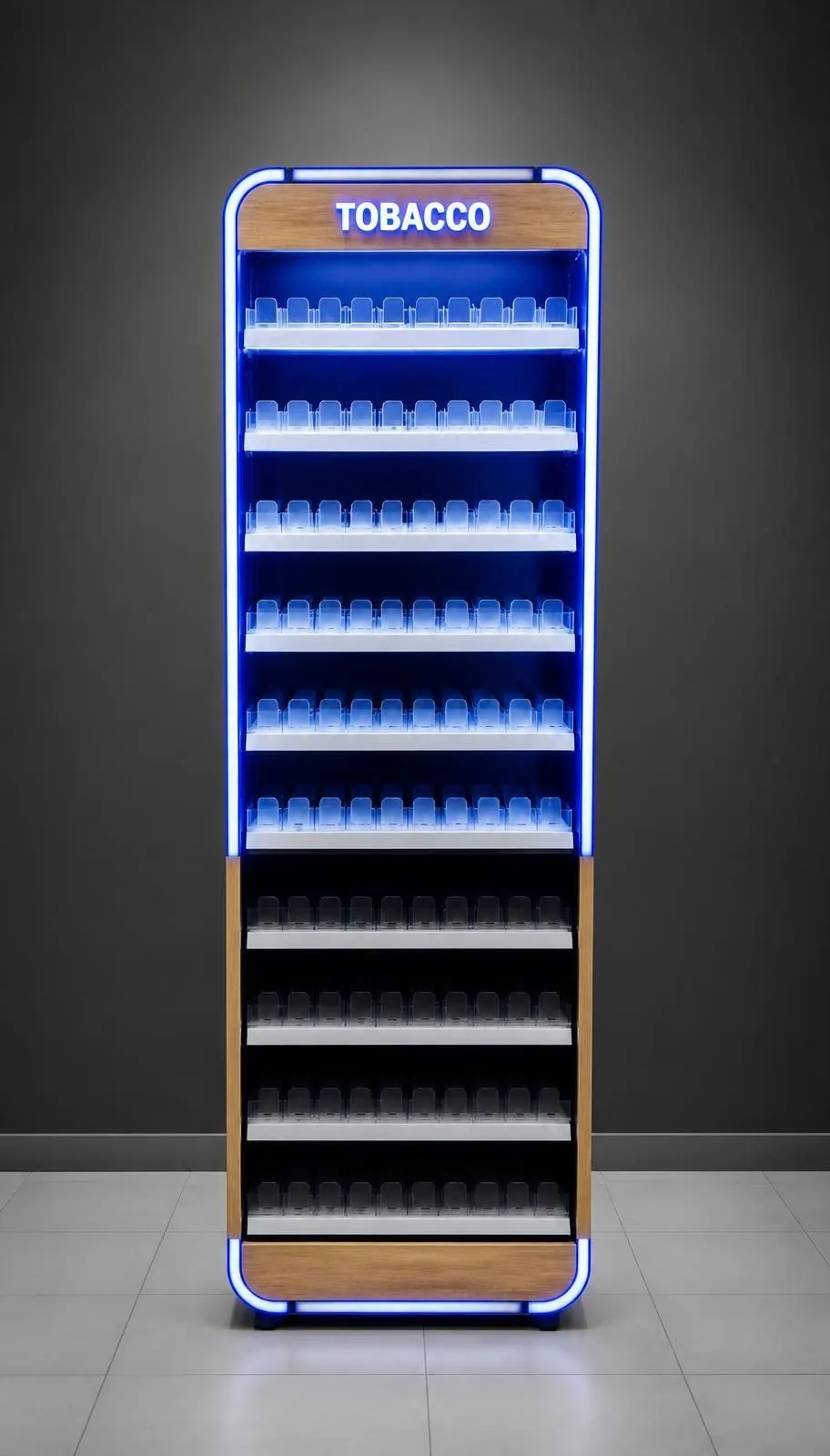 Weiße beleuchtete Regaleinheit mit blauem „Tobacco"-Kopfschild, acht Pusher-Ebenen und leuchtendem Sockel.