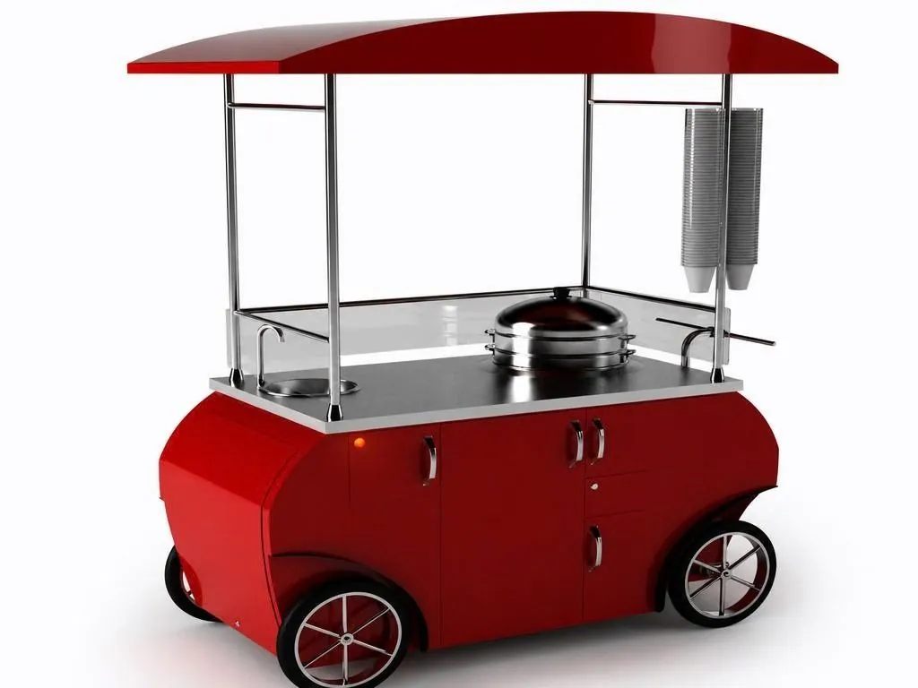 Red mobile service cart with a curved canopy, spoked wheels and a stainless steel worktop, shown as a studio render.