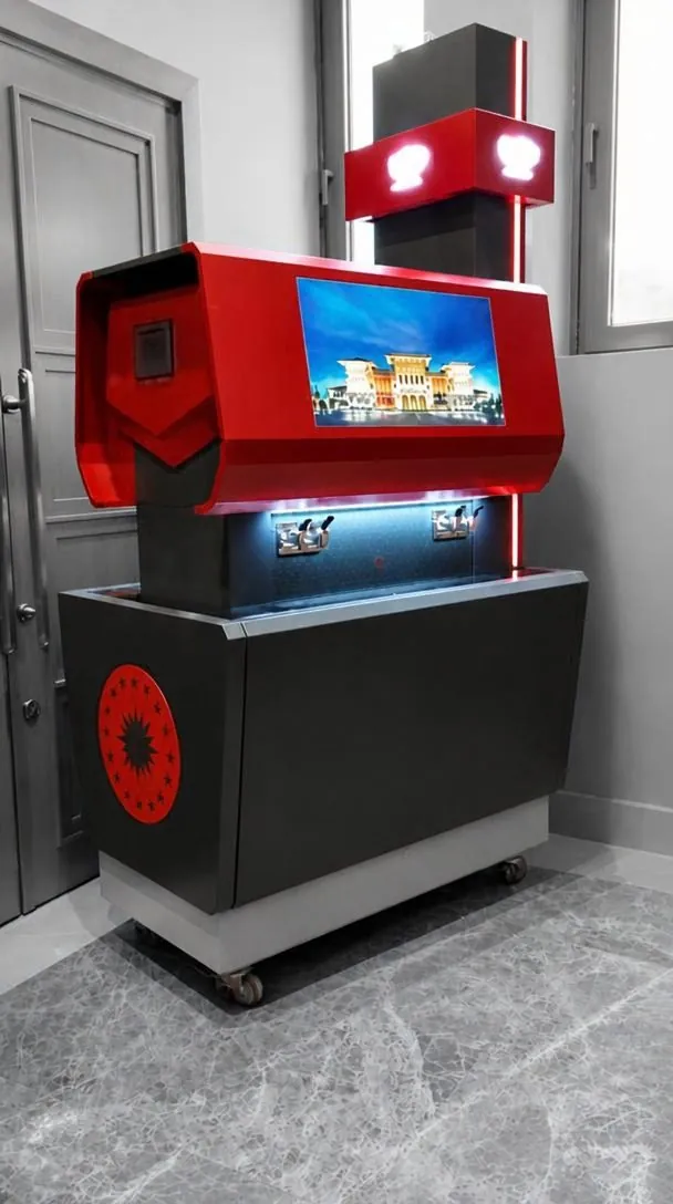 Rote Teemaschine mit Bildschirm und beleuchtetem Oberteil, auf einem dunklen Unterschrank in einem Marmorkorridor installiert.
