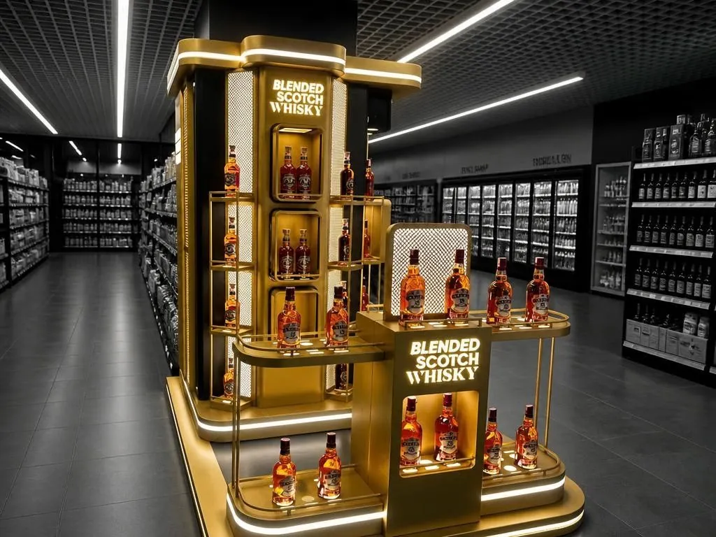 Illuminated gold-finished floor display tower for a blended Scotch whisky, manufactured by Brandis, shown in a retail aisle.
